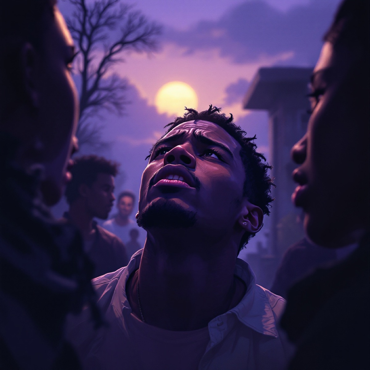 Elijah surrounded by community at dusk