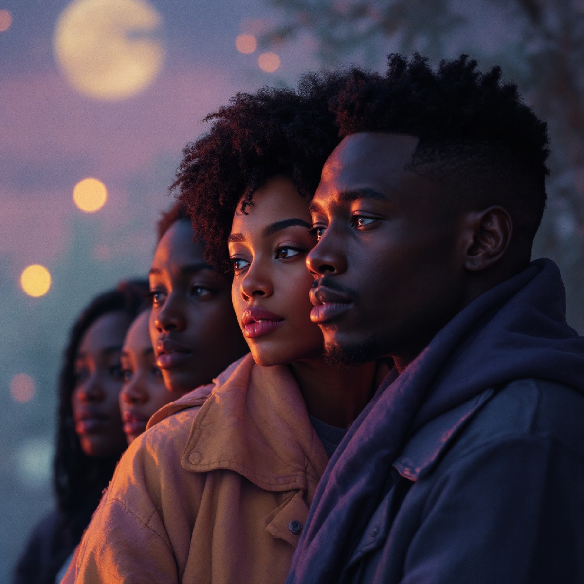 Ubuntu circle under moonlight — community as medicine, collective healing